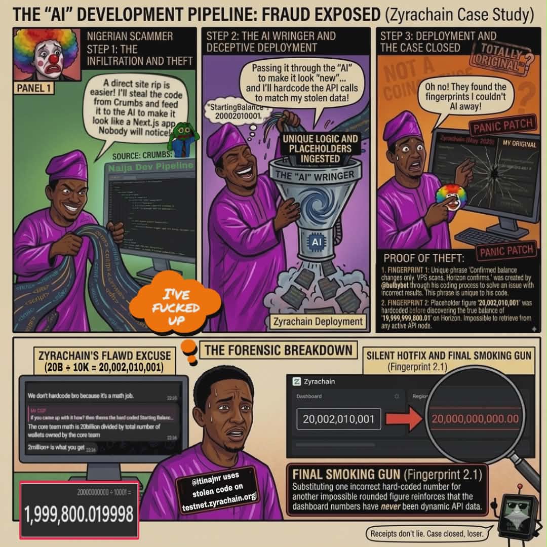 Zyrachain fraud exposed: The AI development pipeline showing stolen code fingerprints including 20002010001 placeholder and VPS Horizon confirmation phrase